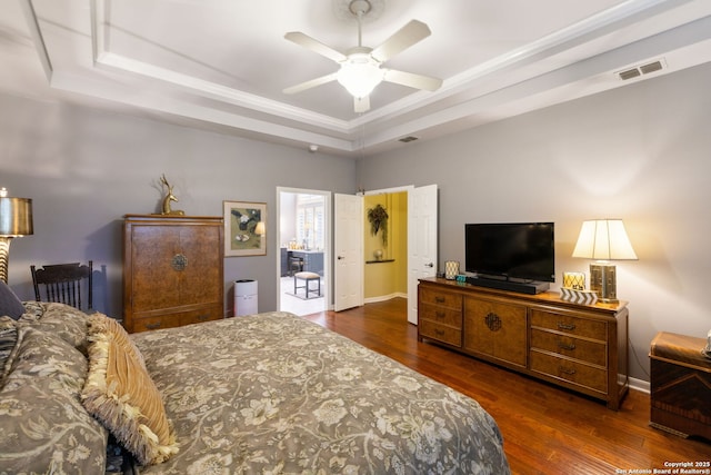 126 Calais Way, Shavano Park, TX 78249 - bedroom featuring a raised ceiling, baseboards, wood finished floors, a ceiling fan, and ornamental molding