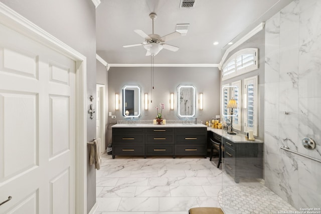 126 Calais Way, Shavano Park, TX 78249 - full bath with marble look tile flooring, ornamental molding, a ceiling fan, double vanity, and a marble finish shower