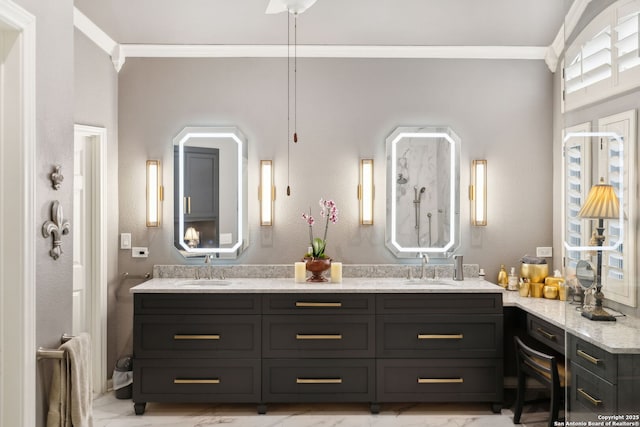 126 Calais Way, Shavano Park, TX 78249 - bathroom with ornamental molding, marble look tile flooring, and double vanity