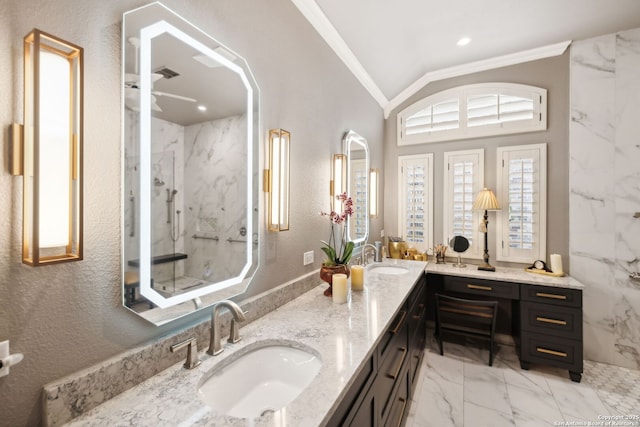 126 Calais Way, Shavano Park, TX 78249 - full bath with crown molding, a marble finish shower, marble look tile flooring, a ceiling fan, and double vanity