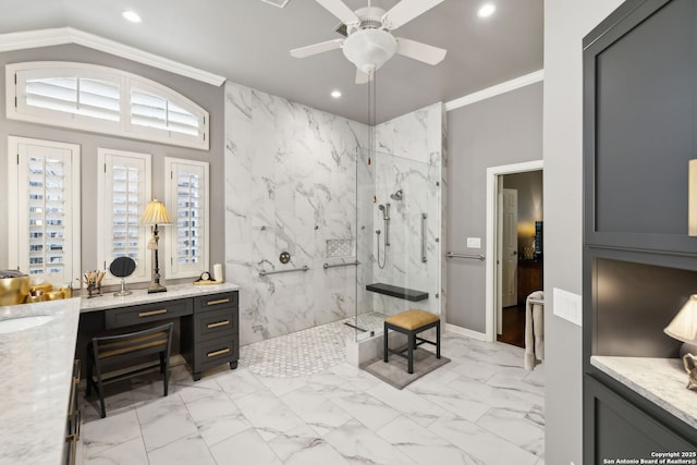 126 Calais Way, Shavano Park, TX 78249 - bathroom with a marble finish shower, recessed lighting, marble look tiles, crown molding, and a ceiling fan