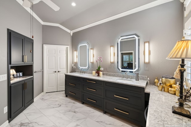 126 Calais Way, Shavano Park, TX 78249 - full bathroom with crown molding, ceiling fan, lofted ceiling, double vanity, and marble finish floors