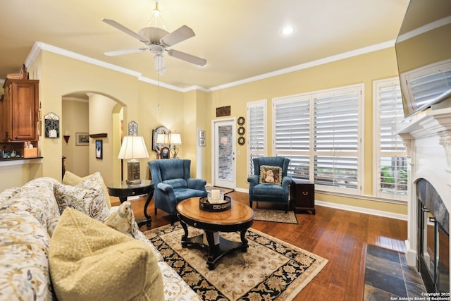 126 Calais Way, Shavano Park, TX 78249 - living room with ceiling fan, dark wood-type flooring, arched walkways, a fireplace with flush hearth, and crown molding