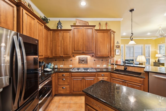 126 Calais Way, Shavano Park, TX 78249 - kitchen with stainless steel appliances, a sink, brown cabinets, ornamental molding, and light tile patterned floors