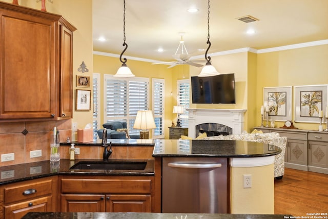 126 Calais Way, Shavano Park, TX 78249 - kitchen featuring dishwasher, open floor plan, wood finished floors, dark stone countertops, and crown molding