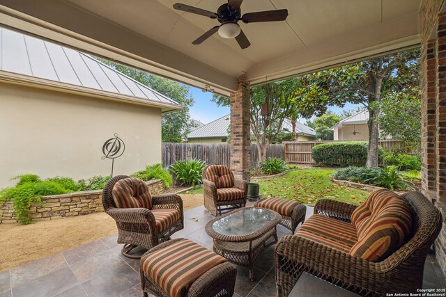 126 Calais Way, Shavano Park, TX 78249 - fenced backyard with ceiling fan and a patio