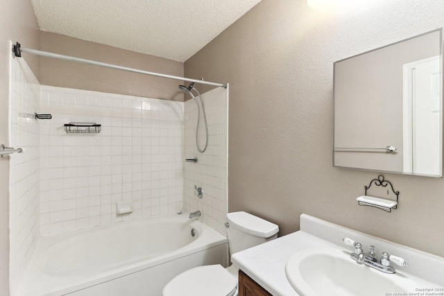 6831 Raintree Path, San Antonio, TX 78233 - bathroom with toilet, vanity, a textured ceiling, and shower / washtub combination
