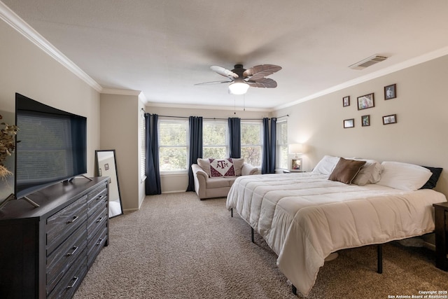 13314 Galicia, Universal City, TX 78148 - bedroom with ornamental molding, light carpet, and a ceiling fan