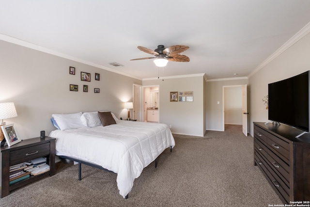 13314 Galicia, Universal City, TX 78148 - bedroom with crown molding, carpet, a ceiling fan, baseboards, and connected bathroom