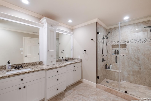 13314 Galicia, Universal City, TX 78148 - full bathroom featuring a stall shower, crown molding, double vanity, marble finish flooring, and baseboards