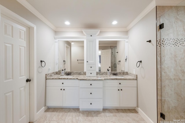 13314 Galicia, Universal City, TX 78148 - full bathroom featuring a stall shower, baseboards, crown molding, double vanity, and marble look tiles