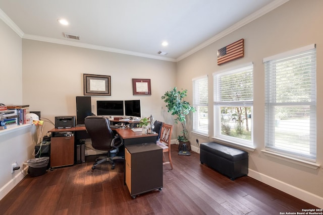 13314 Galicia, Universal City, TX 78148 - office space featuring dark wood-type flooring, ornamental molding, baseboards, and recessed lighting