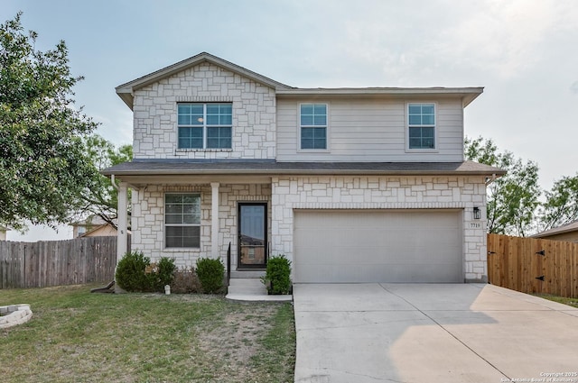 7719 Proton Smt, San Antonio, TX 78252 - traditional-style home with an attached garage, stone siding, and driveway
