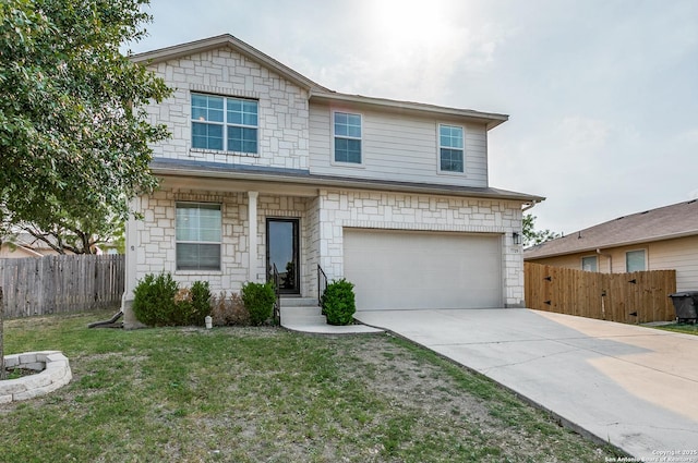 7719 Proton Smt, San Antonio, TX 78252 - traditional home with a garage, driveway, and stone siding