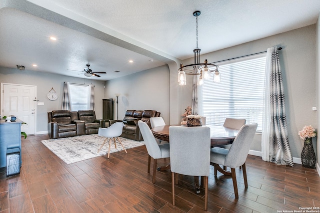 7719 Proton Smt, San Antonio, TX 78252 - dining space featuring a chandelier, dark wood-style floors, recessed lighting, baseboards, and a ceiling fan