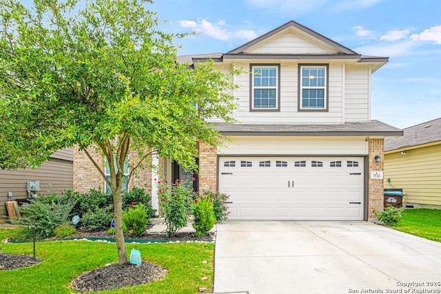 7526 Boxing Elm, San Antonio, TX 78244 - view of front of home featuring brick siding, driveway, an attached garage, and a front lawn