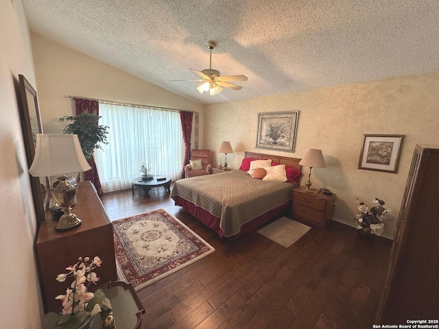 1839 Shoal Run, San Antonio, TX 78232 - bedroom with lofted ceiling, a textured ceiling, wood-type flooring, ceiling fan, and baseboards