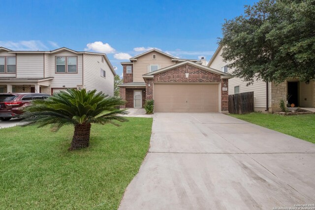 6015 Wisteria Hl, San Antonio, TX 78218 - view of front of property with brick siding, a garage, driveway, and a front yard