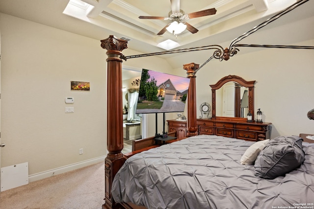 28906 Gracies Sky, San Antonio, TX 78260 - bedroom with carpet, a raised ceiling, decorative columns, ceiling fan, and baseboards