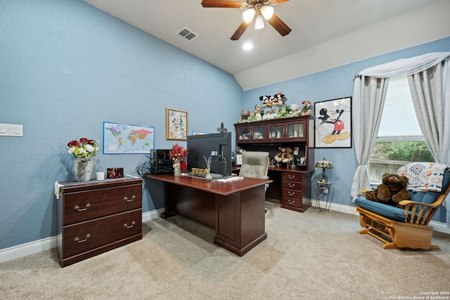 28906 Gracies Sky, San Antonio, TX 78260 - office space with lofted ceiling, light carpet, ceiling fan, and baseboards