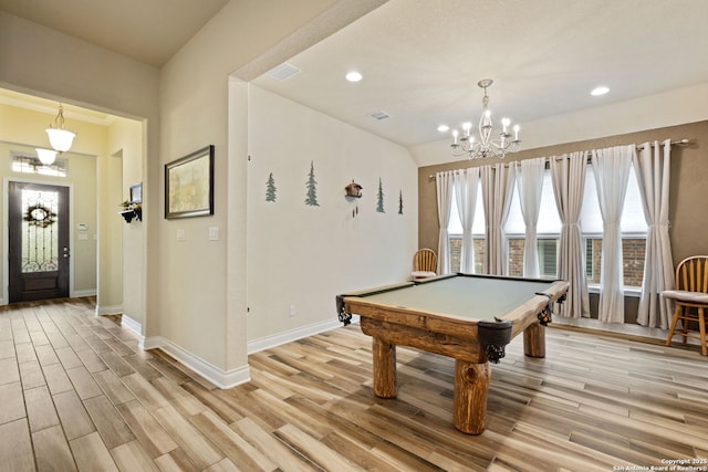 28906 Gracies Sky, San Antonio, TX 78260 - game room with a chandelier, light wood finished floors, baseboards, billiards table, and recessed lighting