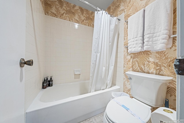 6718 Country Fld, San Antonio, TX 78240 - bathroom with wallpapered walls, toilet, shower / tub combo with curtain, and wood finished floors