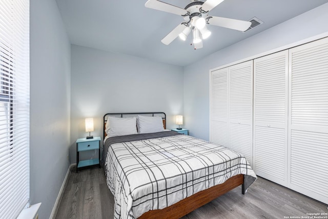 6718 Country Fld, San Antonio, TX 78240 - bedroom featuring wood finished floors, a closet, baseboards, and a ceiling fan