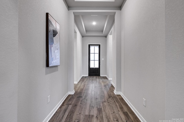 513 Foxbrook, Cibolo, TX 78108 - entryway featuring dark wood-style floors, a raised ceiling, baseboards, and a textured wall