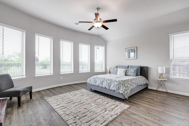 513 Foxbrook, Cibolo, TX 78108 - bedroom with wood finished floors, baseboards, a ceiling fan, and vaulted ceiling