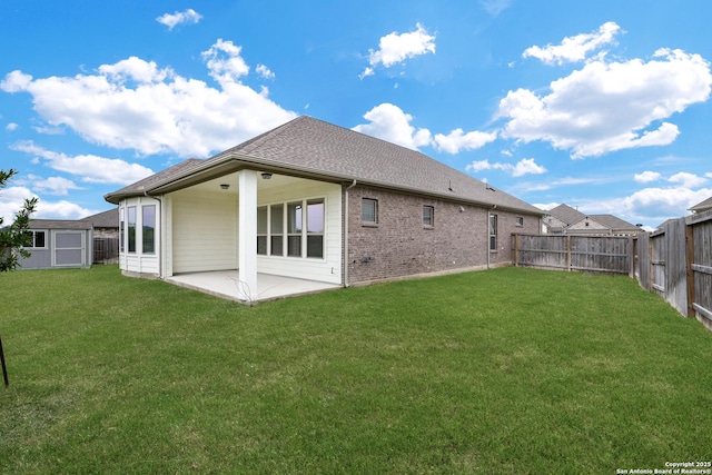 513 Foxbrook, Cibolo, TX 78108 - rear view of property featuring a patio, brick siding, and a shingled roof