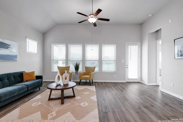513 Foxbrook, Cibolo, TX 78108 - living room featuring ceiling fan, healthy amount of natural light, wood finished floors, baseboards, and vaulted ceiling