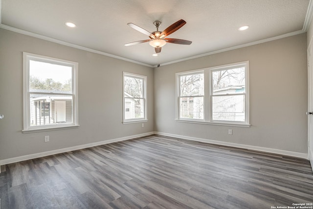 2411 W Huisache Ave, San Antonio, TX 78228 - unfurnished room with plenty of natural light, ornamental molding, a ceiling fan, dark wood-style flooring, and recessed lighting
