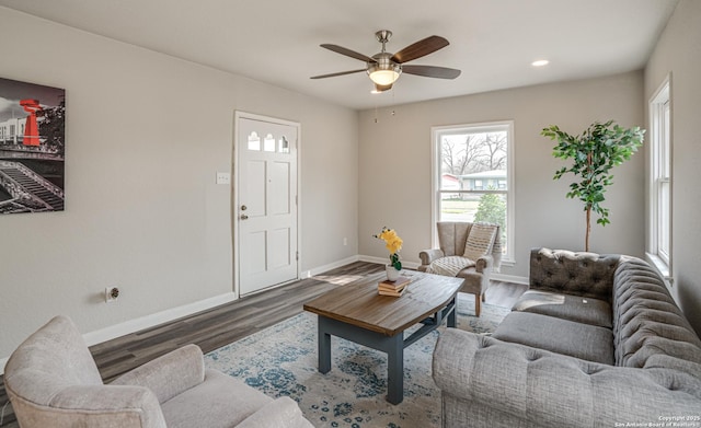 2411 W Huisache Ave, San Antonio, TX 78228 - living area with baseboards, wood finished floors, a ceiling fan, and recessed lighting