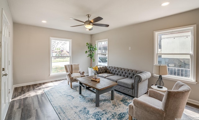 2411 W Huisache Ave, San Antonio, TX 78228 - living area with ceiling fan, baseboards, wood finished floors, and recessed lighting