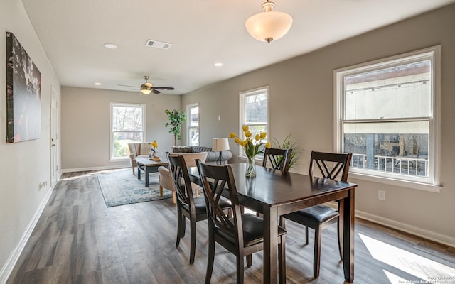 2411 W Huisache Ave, San Antonio, TX 78228 - dining area with wood finished floors, baseboards, plenty of natural light, recessed lighting, and ceiling fan