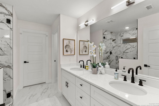 500 Skyforest, Hollywood Park, TX 78232 - bathroom featuring marble finish floors, a marble finish shower, and double vanity