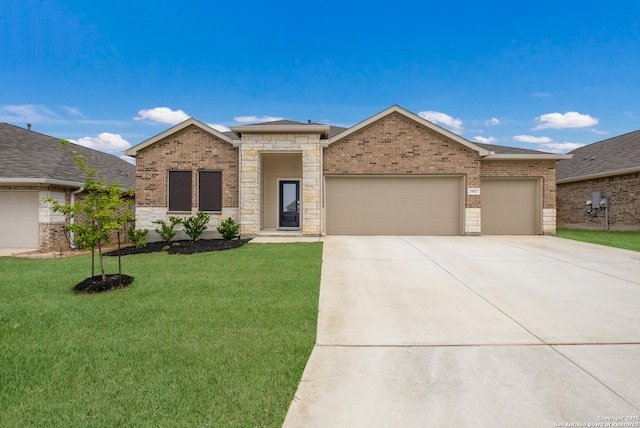 5957 Cerulean, Bulverde, TX 78163 - view of front of house with a garage, driveway, a front yard, and brick siding