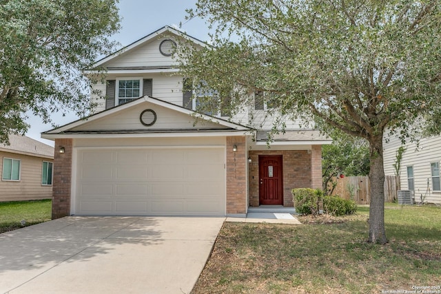 16311 Kentucky Rdg, Selma, TX 78154 - view of front facade with brick siding, driveway, a garage, and central air condition unit