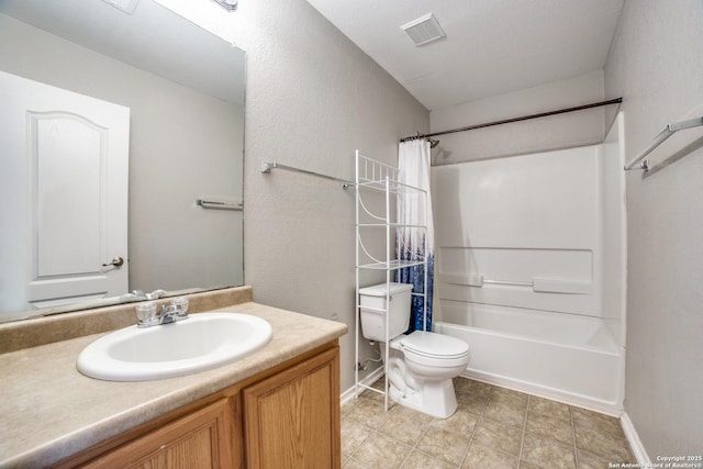 9843 Barhill Bay, San Antonio, TX 78245 - full bath featuring toilet, vanity, baseboards, shower / bathtub combination with curtain, and tile patterned floors