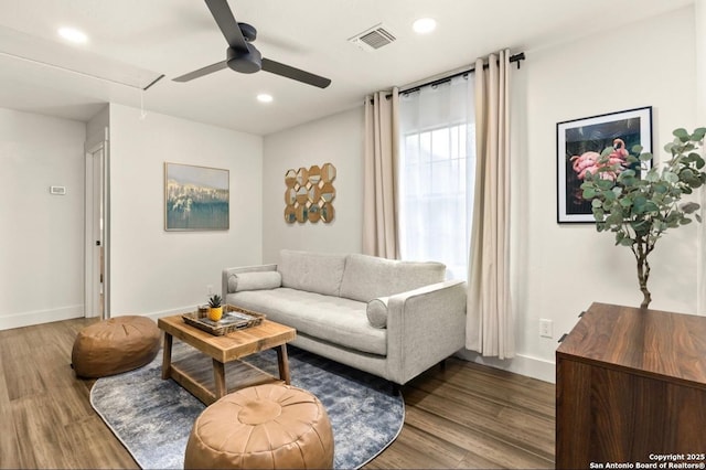 3719 Summer Breeze, San Antonio, TX 78253 - living room featuring attic access, ceiling fan, baseboards, wood finished floors, and recessed lighting