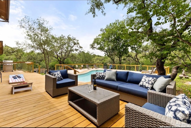 3719 Summer Breeze, San Antonio, TX 78253 - wooden terrace with an outdoor living space, grilling area, and view of scattered trees