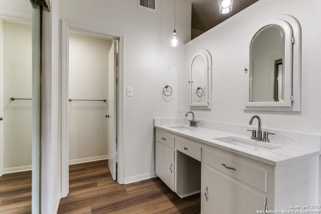 6419 Ridge Tree, San Antonio, TX 78233 - full bathroom with wood finished floors, double vanity, and baseboards