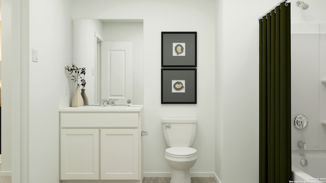 5650 Azure Aly, San Antonio, TX 78223 - bathroom featuring toilet, baseboards, vanity, and shower / tub combo