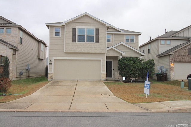 9118 Hogarten, Converse, TX 78109 - view of front of property featuring a garage, driveway, stone siding, and a front yard