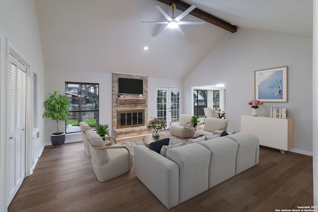 9215 Standing Crk, San Antonio, TX 78230 - living area featuring high vaulted ceiling, ceiling fan, beamed ceiling, a brick fireplace, and wood finished floors