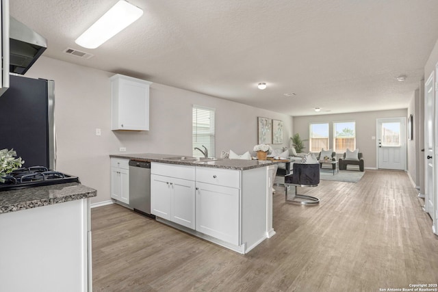 31553 Acacia Vis, Bulverde, TX 78163 - kitchen featuring appliances with stainless steel finishes, a sink, white cabinets, a peninsula, and light wood-type flooring