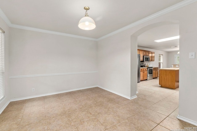 15311 Spring Rock, San Antonio, TX 78247 - spare room featuring arched walkways, ornamental molding, light tile patterned flooring, and baseboards