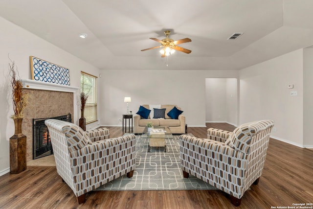 15311 Spring Rock, San Antonio, TX 78247 - living room featuring wood finished floors, a fireplace, baseboards, ceiling fan, and recessed lighting