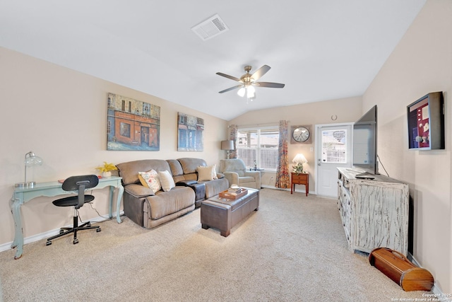 5903 Overture Dawn, San Antonio, TX 78252 - carpeted living area featuring a ceiling fan, baseboards, vaulted ceiling, and an office area