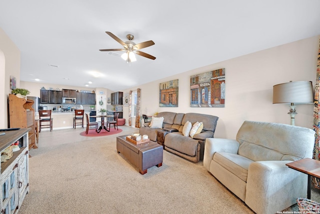 5903 Overture Dawn, San Antonio, TX 78252 - living area featuring a ceiling fan, light carpet, and recessed lighting